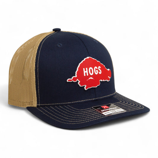 Arkansas Razorbacks Retro HOGS Red 3D Snapback Trucker Hat- Navy/ Tan