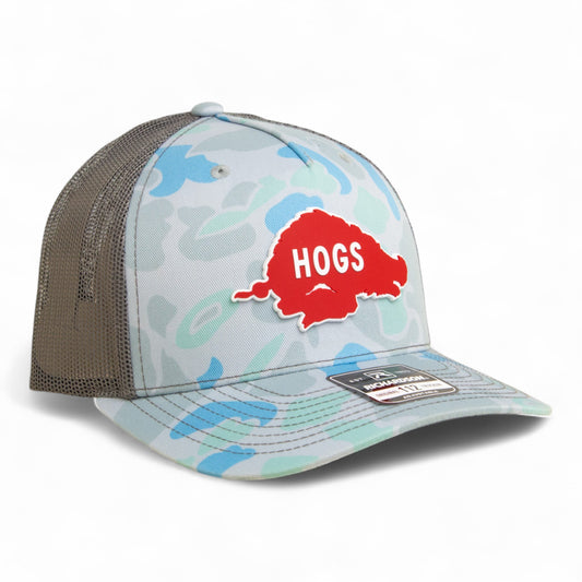 Arkansas Razorbacks Retro HOGS Red 3D Snapback Trucker Hat- Saltwater Duck Camo/ Charcoal