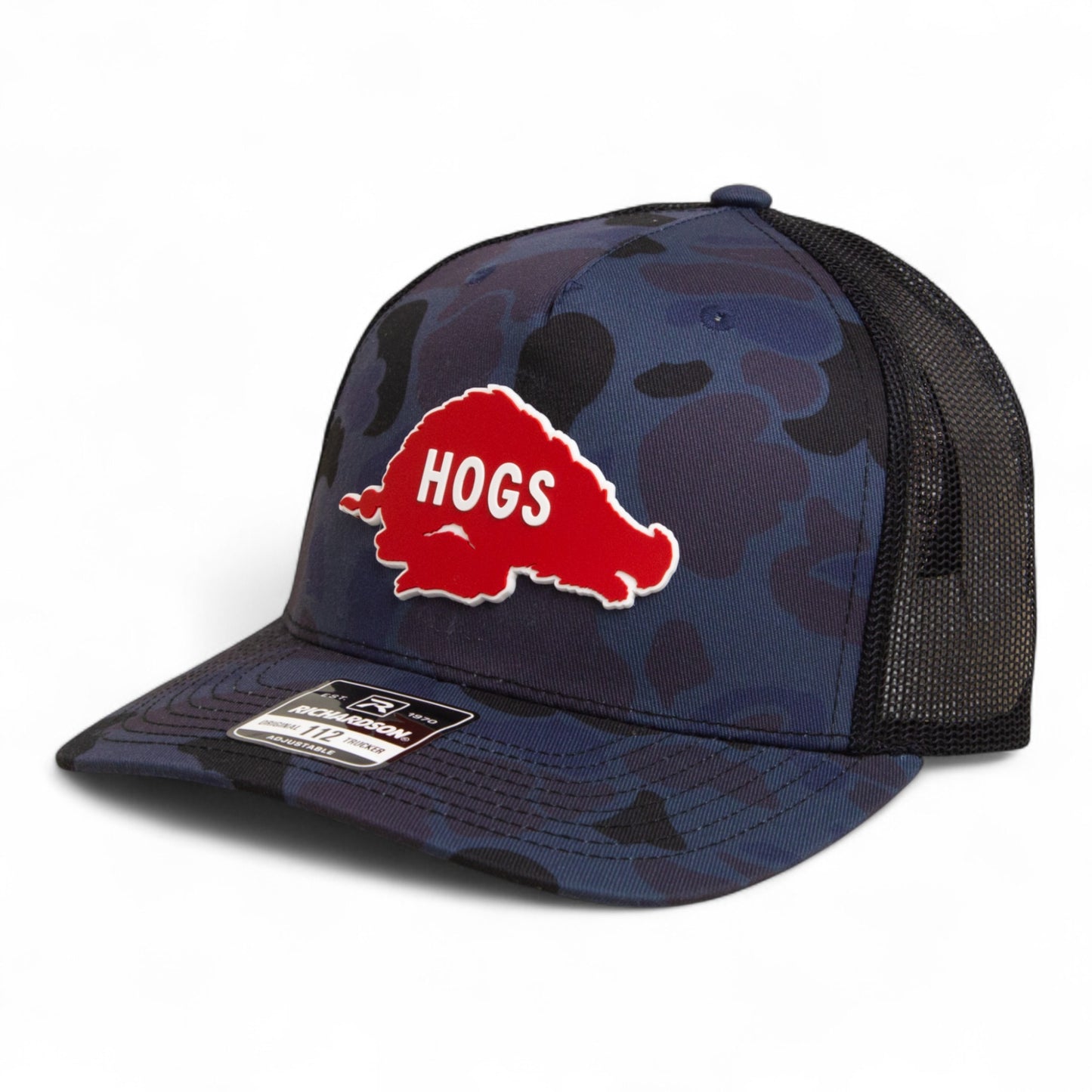 Arkansas Razorbacks Retro HOGS Red 3D Snapback Trucker Hat- Admiral Duck Camo/ Black