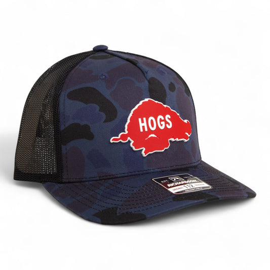 Arkansas Razorbacks Retro HOGS Red 3D Snapback Trucker Hat- Admiral Duck Camo/ Black