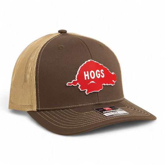 Arkansas Razorbacks Retro HOGS Red 3D Snapback Trucker Hat- Brown/ Tan