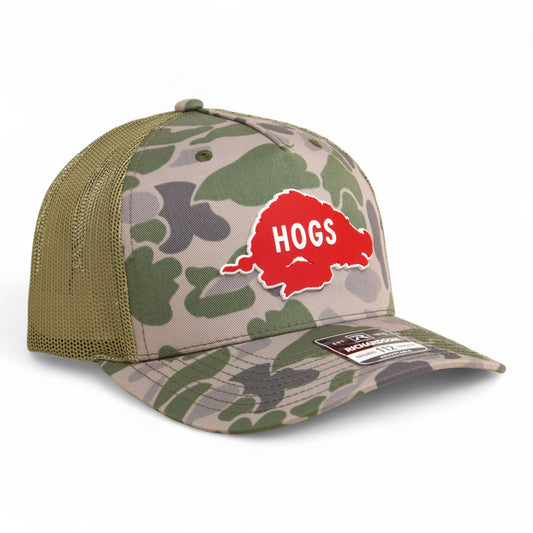 Arkansas Razorbacks Retro HOGS Red 3D Snapback Trucker Hat- Marsh Duck Camo/ Loden