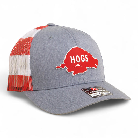 Arkansas Razorbacks Retro HOGS Red 3D Snapback Trucker Hat- Heather Grey/ Stars & Stripes