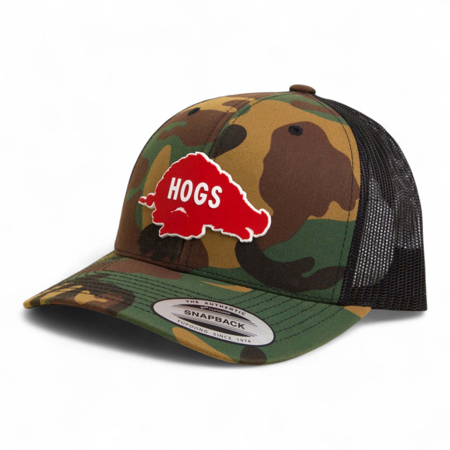 Arkansas Razorbacks Retro HOGS Red 3D YP Snapback Trucker Hat- Army Camo/ Black
