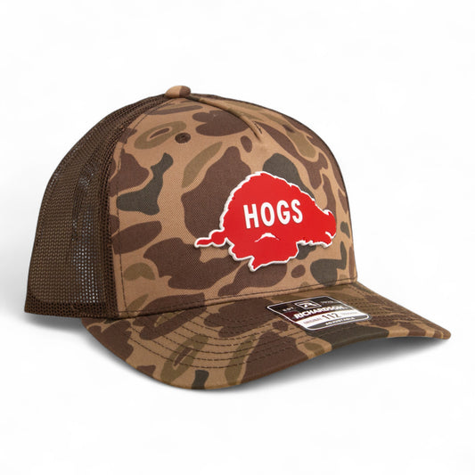 Arkansas Razorbacks Retro HOGS Red 3D Snapback Trucker Hat- Bark Duck Camo/ Brown