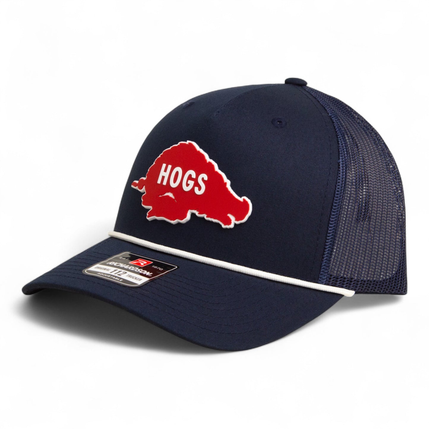 Arkansas Razorbacks Retro HOGS Red 3D Snapback Trucker Rope Hat- Navy/ White