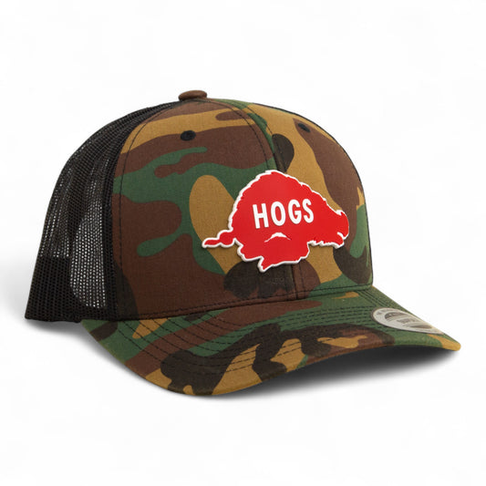Arkansas Razorbacks Retro HOGS Red 3D YP Snapback Trucker Hat- Army Camo/ Black
