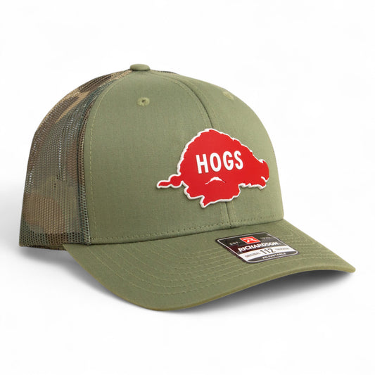 Arkansas Razorbacks Retro HOGS Red 3D Snapback Trucker Hat- Loden/ Green Camo