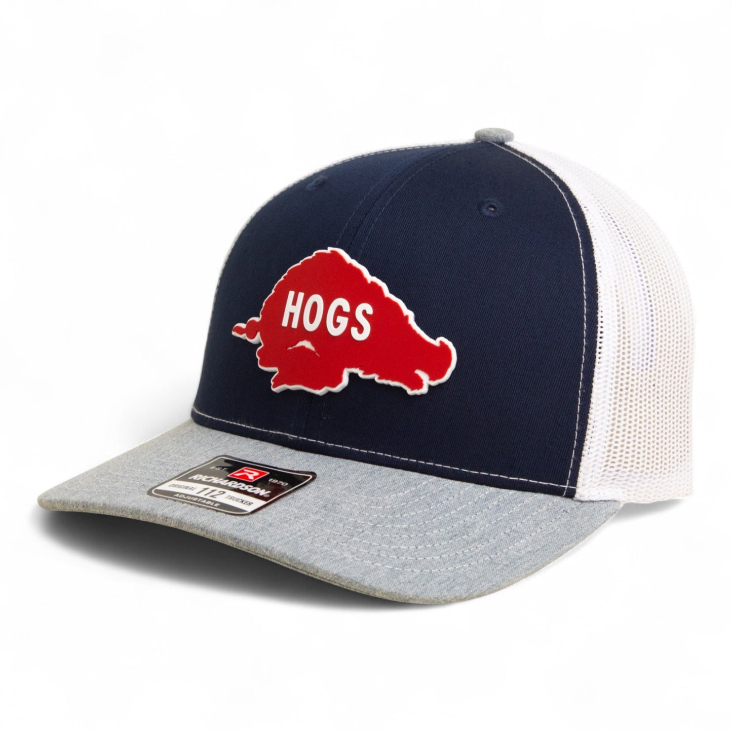 Arkansas Razorbacks Retro HOGS Red 3D Snapback Trucker Hat- Navy/ White/ Heather Grey