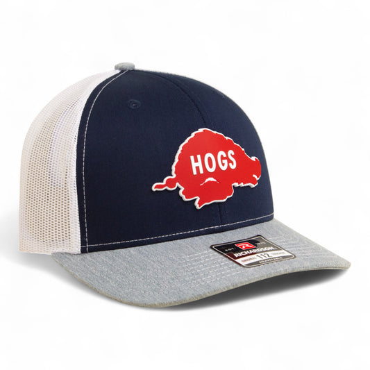 Arkansas Razorbacks Retro HOGS Red 3D Snapback Trucker Hat- Navy/ White/ Heather Grey