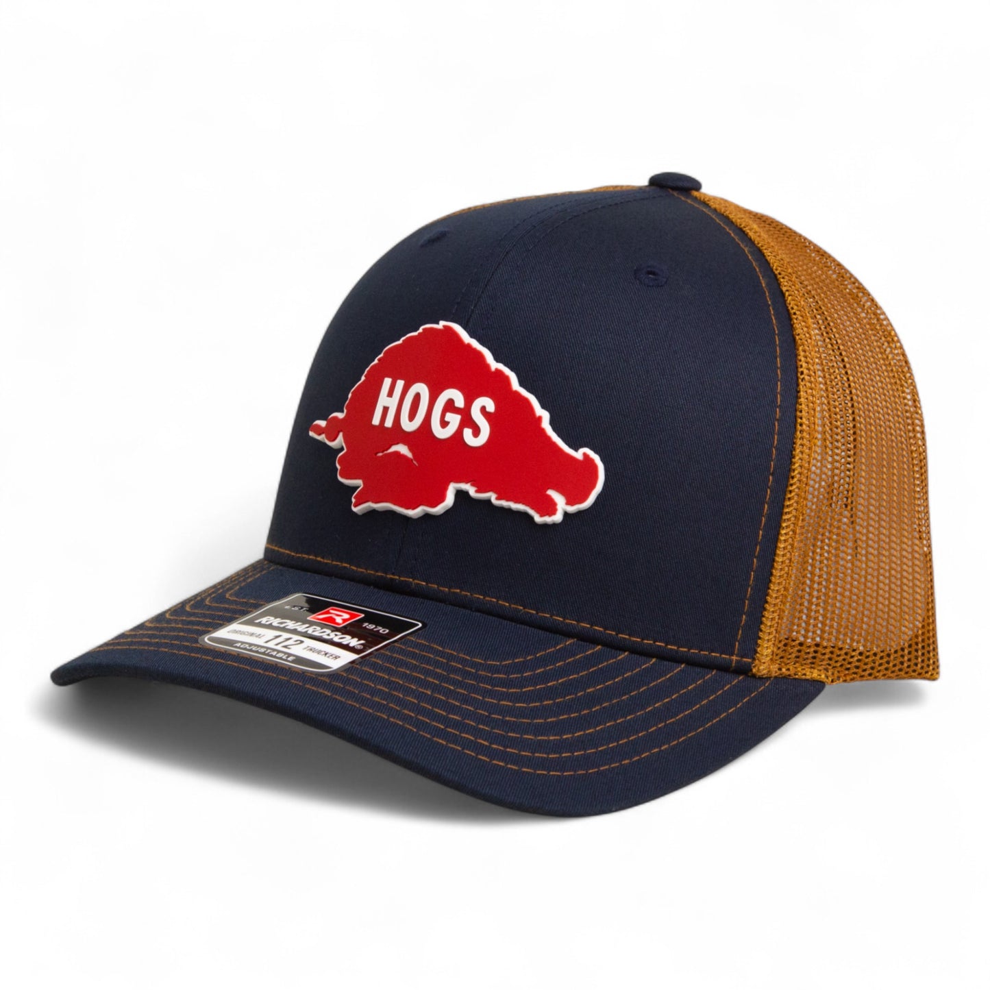 Arkansas Razorbacks Retro HOGS Red 3D Snapback Trucker Hat- Navy/ Carmel