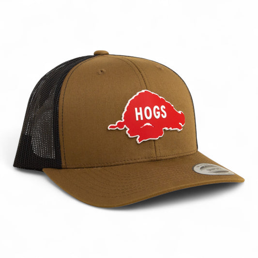 Arkansas Razorbacks Retro HOGS Red 3D YP Snapback Trucker Hat- Coyote/ Black