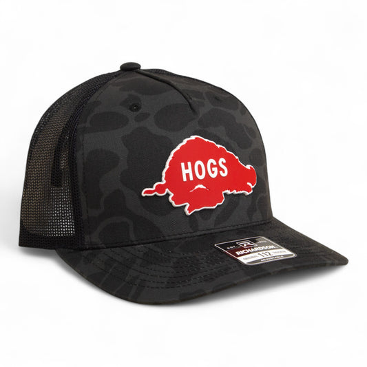 Arkansas Razorbacks Retro HOGS Red 3D Snapback Trucker Hat- Sable Duck Camo/ Black
