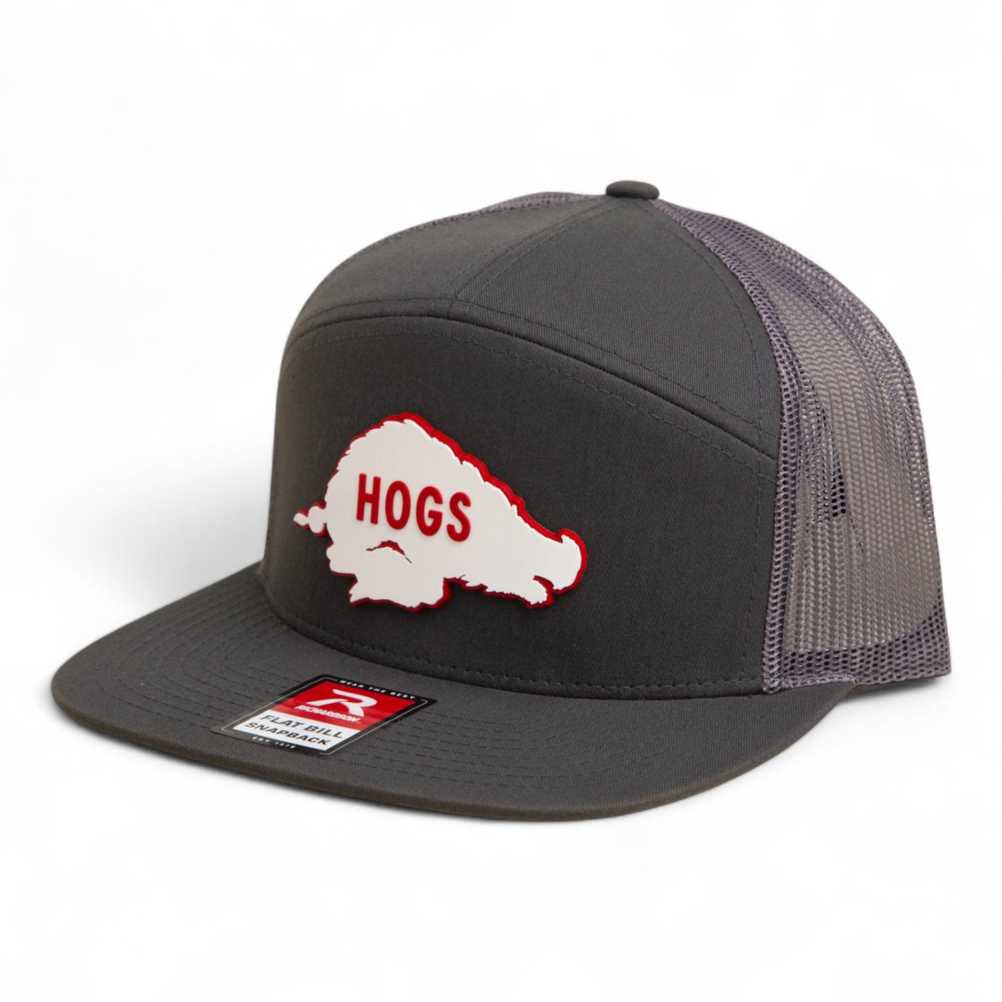 Arkansas Razorbacks Retro HOGS White 3D Snapback Seven-Panel Flat Bill Trucker Hat- Charcoal