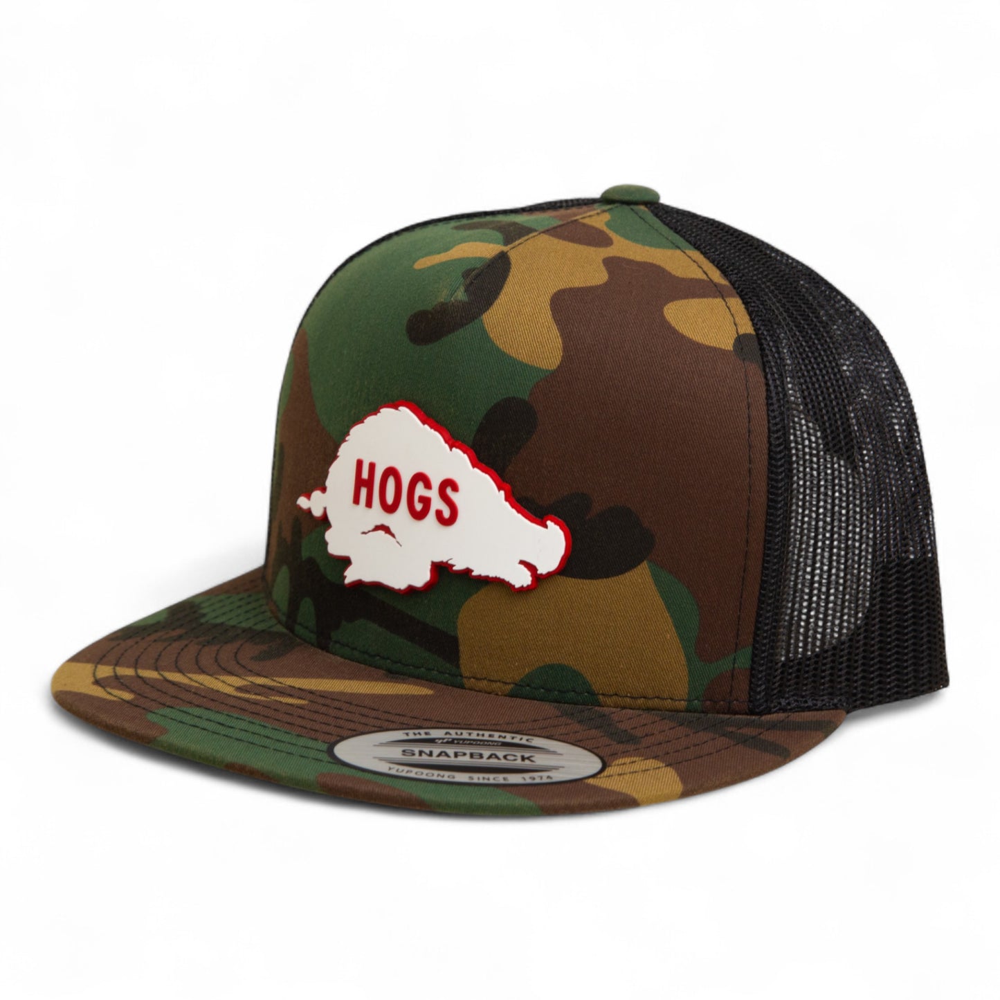Arkansas Razorbacks Retro HOGS White 3D YP Snapback Flat Bill Trucker Hat- Army Camo/ Black