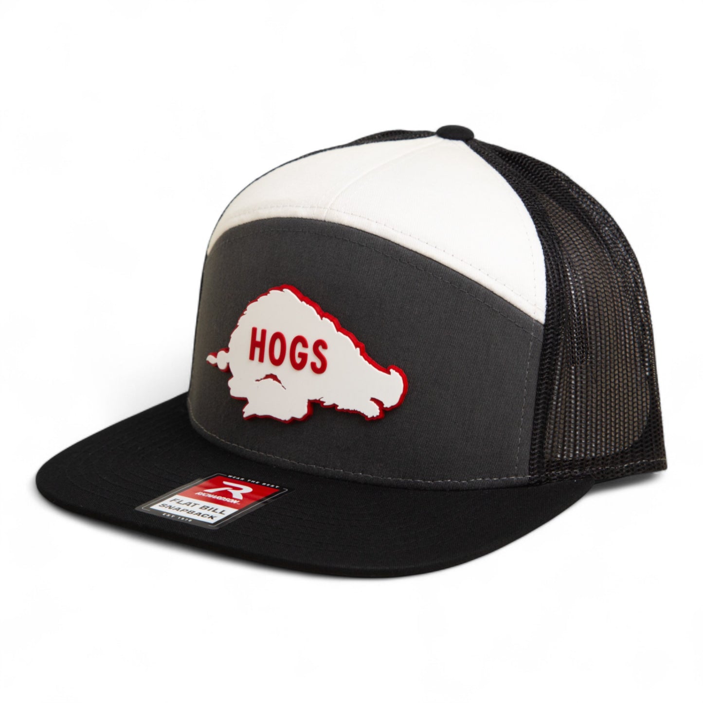 Arkansas Razorbacks Retro HOGS White 3D Snapback Seven-Panel Flat Bill Trucker Hat- Charcoal/ White/ Black