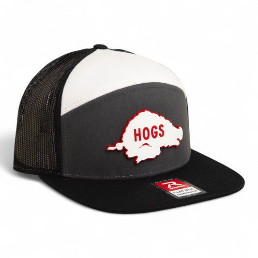 Arkansas Razorbacks Retro HOGS White 3D Snapback Seven-Panel Flat Bill Trucker Hat- Charcoal/ White/ Black
