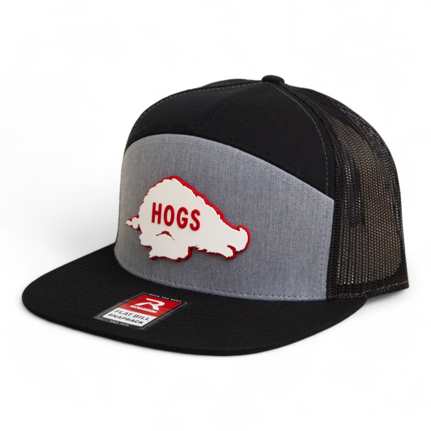Arkansas Razorbacks Retro HOGS White 3D Snapback Seven-Panel Flat Bill Trucker Hat- Heather Grey/ Black