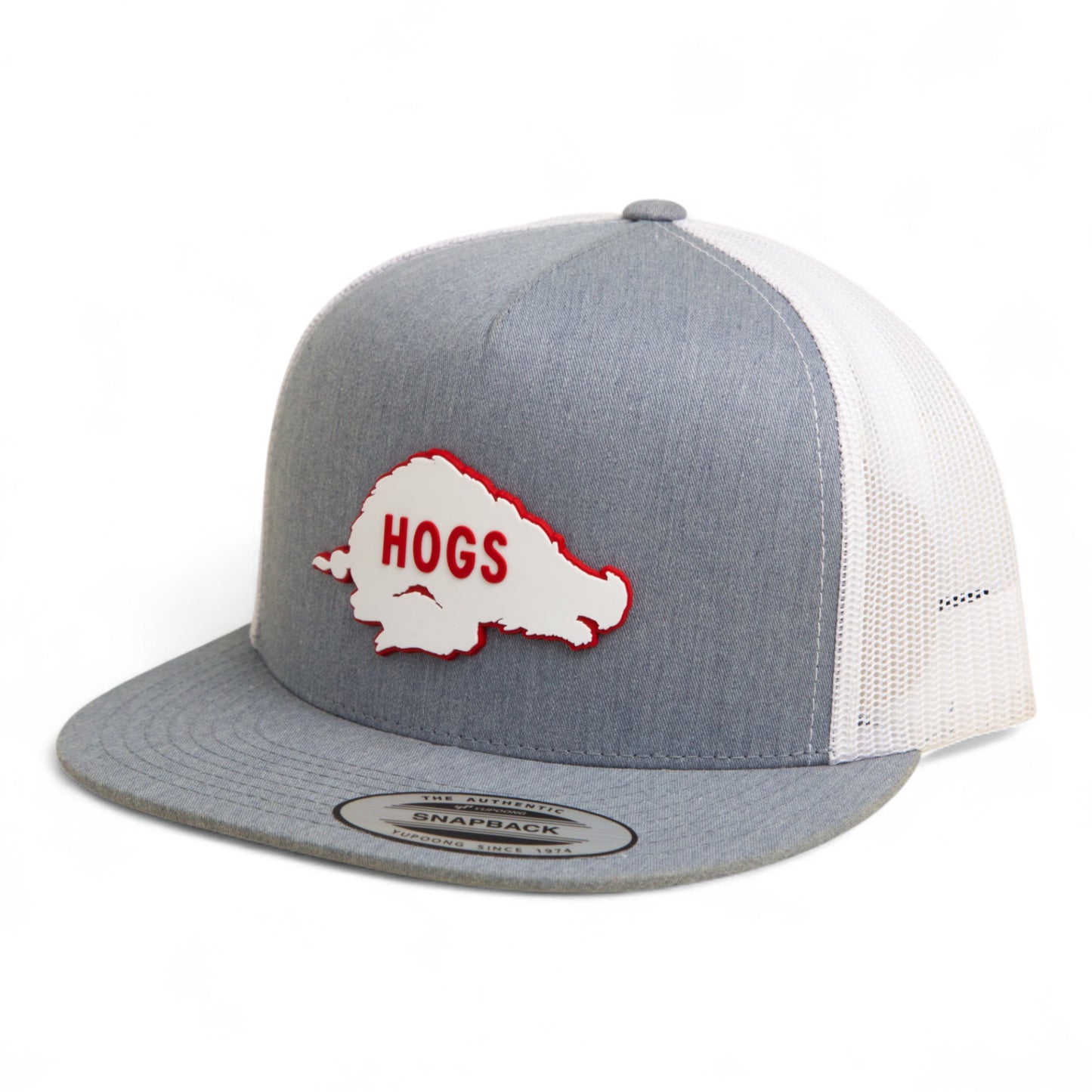 Arkansas Razorbacks Retro HOGS White 3D YP Snapback Flat Bill Trucker Hat- Heather Grey/ White