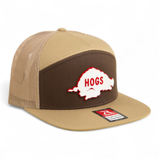 Arkansas Razorbacks Retro HOGS White 3D Snapback Seven-Panel Flat Bill Trucker Hat- Brown/ Tan