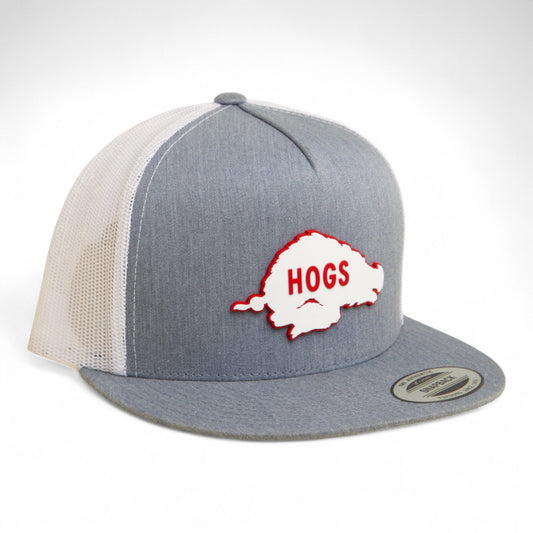 Arkansas Razorbacks Retro HOGS White 3D YP Snapback Flat Bill Trucker Hat- Heather Grey/ White