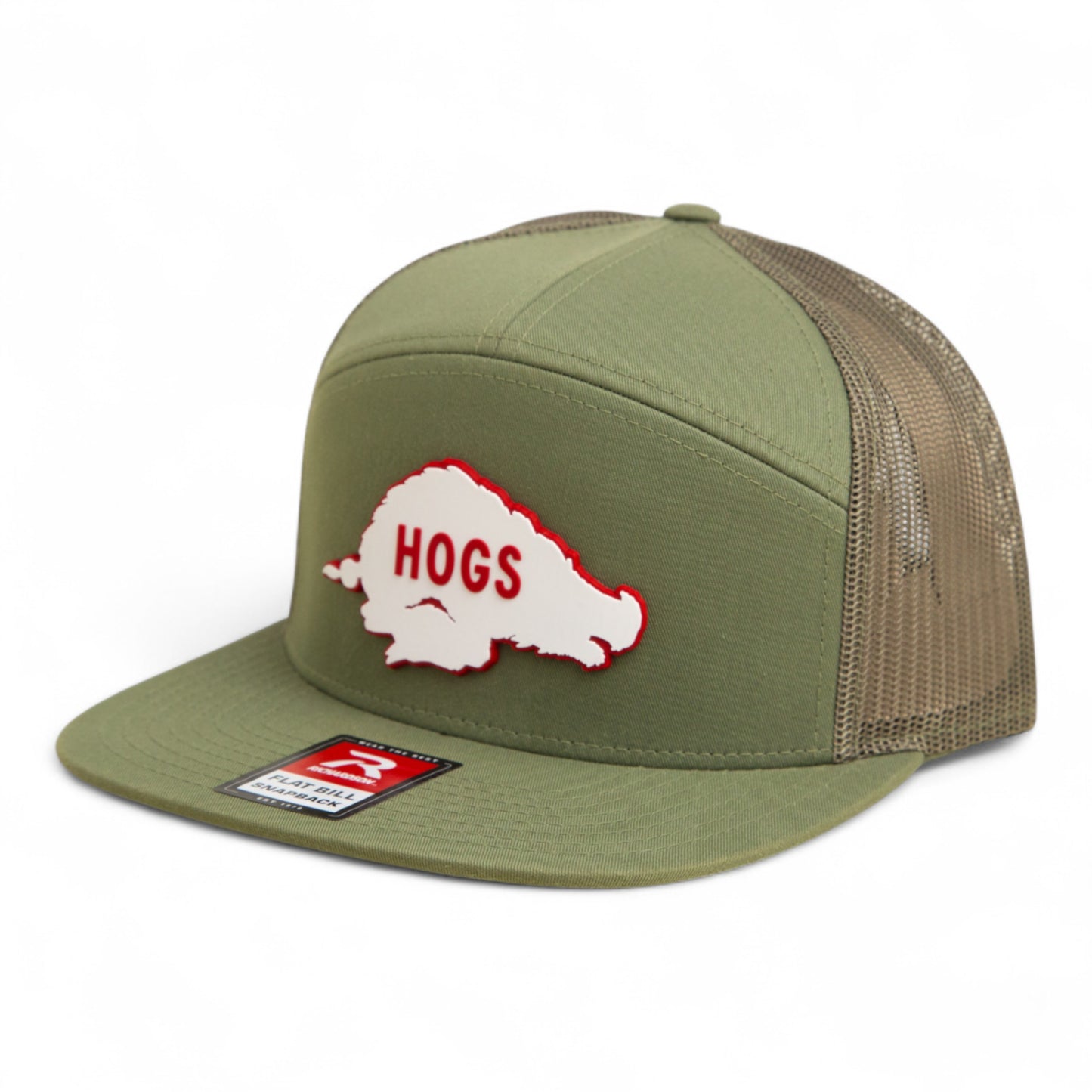 Arkansas Razorbacks Retro HOGS White 3D Snapback Seven-Panel Flat Bill Trucker Hat- Loden Green