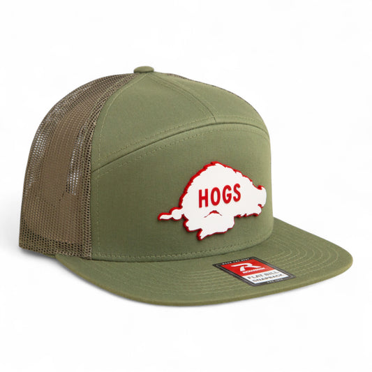 Arkansas Razorbacks Retro HOGS White 3D Snapback Seven-Panel Flat Bill Trucker Hat- Loden Green