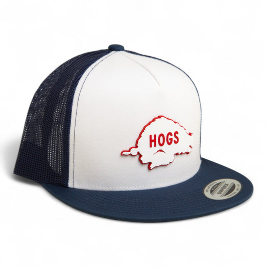 Arkansas Razorbacks Retro HOGS White 3D YP Snapback Flat Bill Trucker Hat- White/ Navy