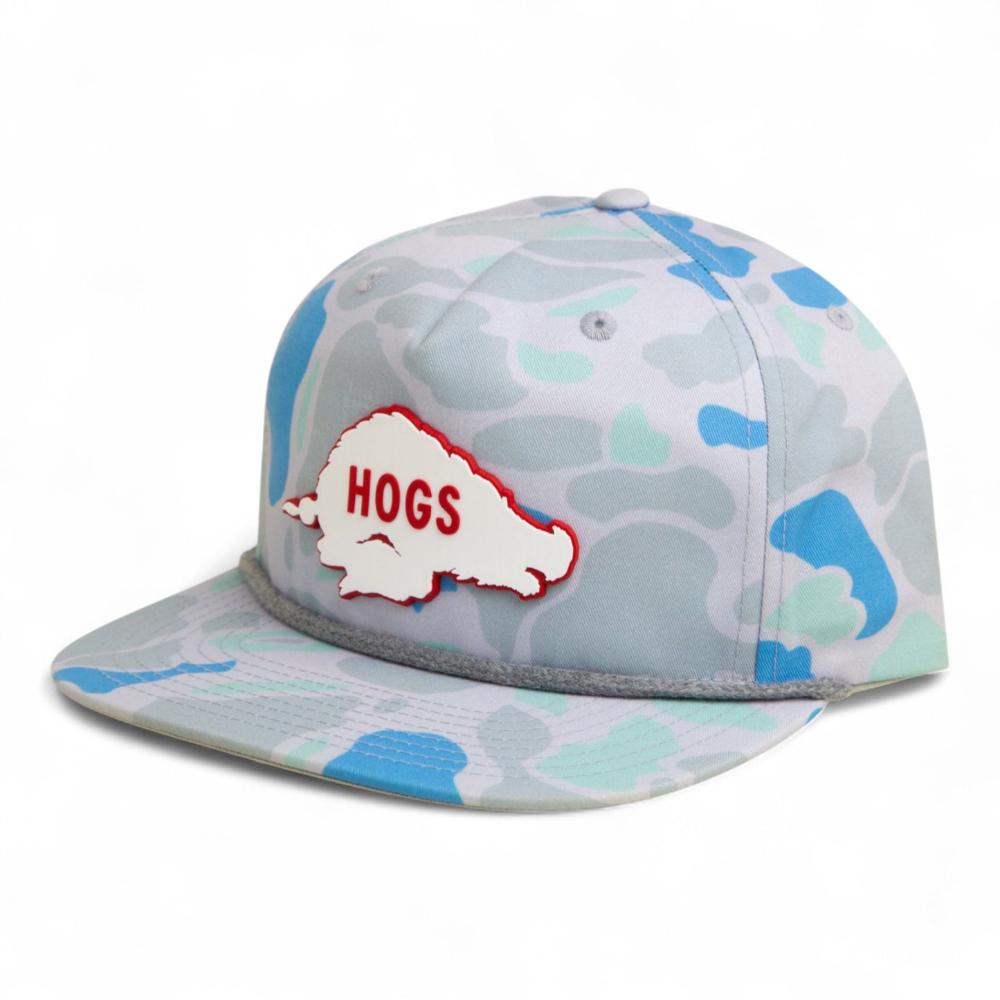 Arkansas Razorbacks Retro HOGS White 3D Umpqua Rope Hat- Saltwater Duck Camo/ Charcoal