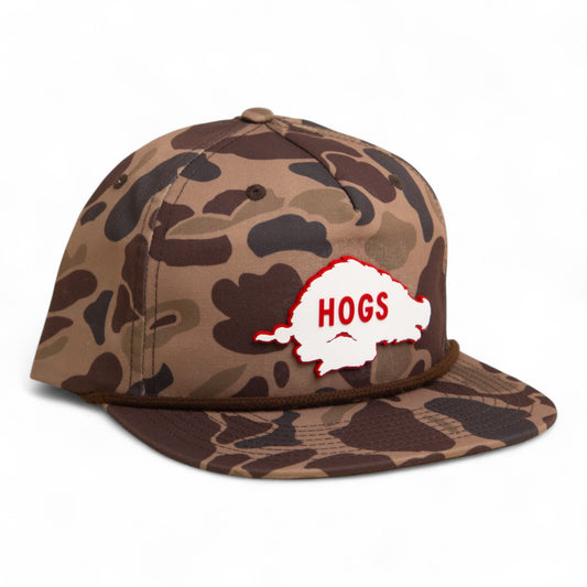 Arkansas Razorbacks Retro HOGS White 3D Umpqua Rope Hat- Bark Duck Camo/ Brown