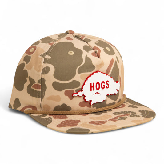 Arkansas Razorbacks Retro HOGS White 3D Umpqua Rope Hat- Harvest Duck Camo/ Light Brown