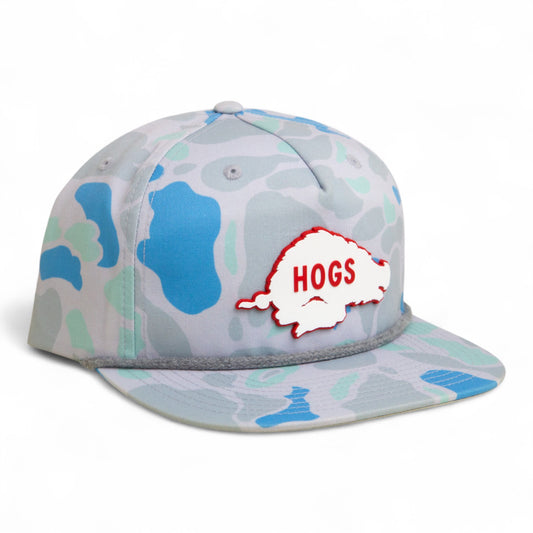 Arkansas Razorbacks Retro HOGS White 3D Umpqua Rope Hat- Saltwater Duck Camo/ Charcoal