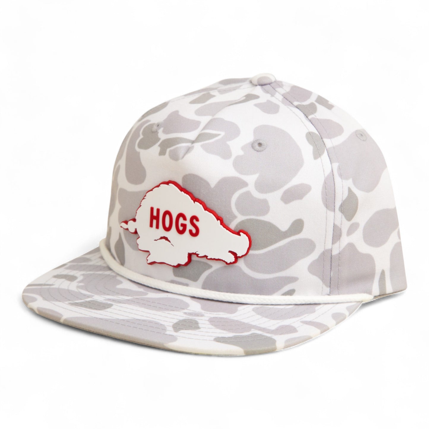Arkansas Razorbacks Retro HOGS White 3D Umpqua Rope Hat- Blizzard Duck Camo/ White