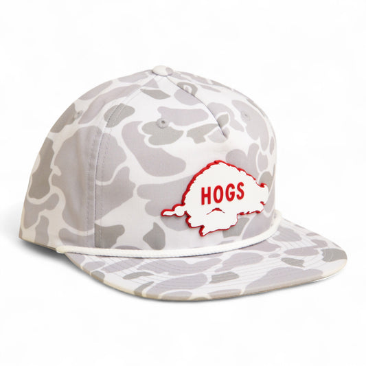 Arkansas Razorbacks Retro HOGS White 3D Umpqua Rope Hat- Blizzard Duck Camo/ White
