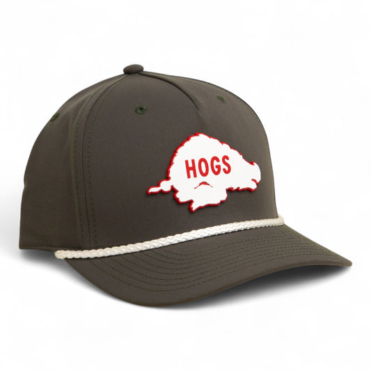 Arkansas Razorbacks Retro HOGS White 3D Five Panel Classic Rope Hat- Dark Olive Green/ White