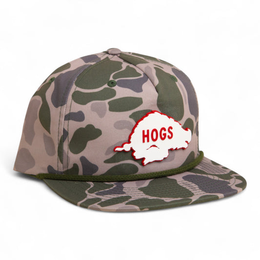 Arkansas Razorbacks Retro HOGS White 3D Umpqua Rope Hat- Marsh Duck Camo/ Olive Green