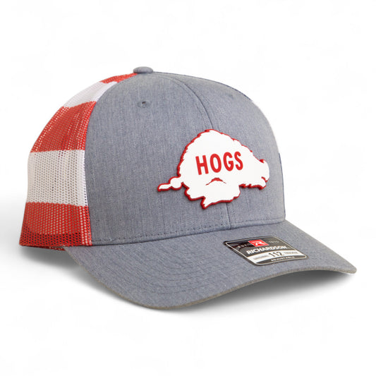 Arkansas Razorbacks Retro HOGS White 3D Snapback Trucker Hat- Heather Grey/ Stars & Stripes