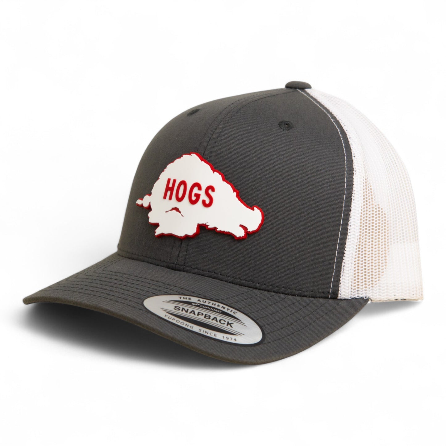 Arkansas Razorbacks Retro HOGS White 3D YP Snapback Trucker Hat- Charcoal/ White