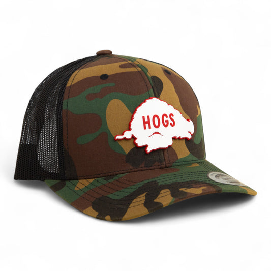 Arkansas Razorbacks Retro HOGS White 3D YP Snapback Trucker Hat- Army Camo/ Black
