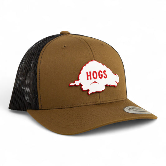 Arkansas Razorbacks Retro HOGS White 3D YP Snapback Trucker Hat- Coyote/ Black
