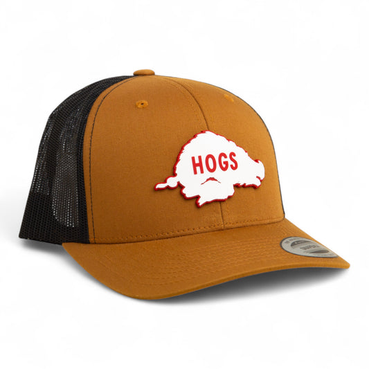 Arkansas Razorbacks Retro HOGS White 3D YP Snapback Trucker Hat- Caramel/ Black