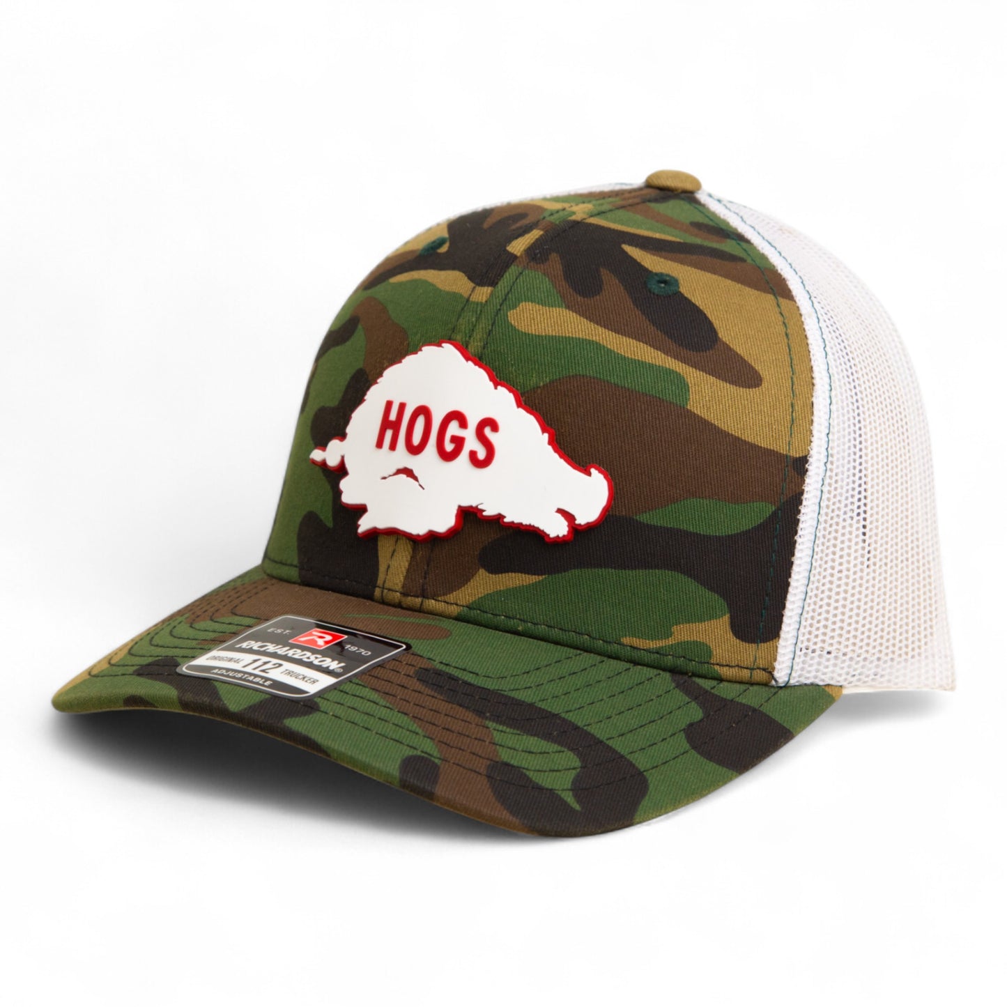 Arkansas Razorbacks Retro HOGS White 3D Snapback Trucker Hat- Army Camo/ White