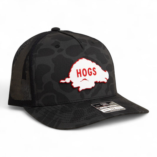 Arkansas Razorbacks Retro HOGS White 3D Snapback Trucker Hat- Sable Duck Camo/ Black