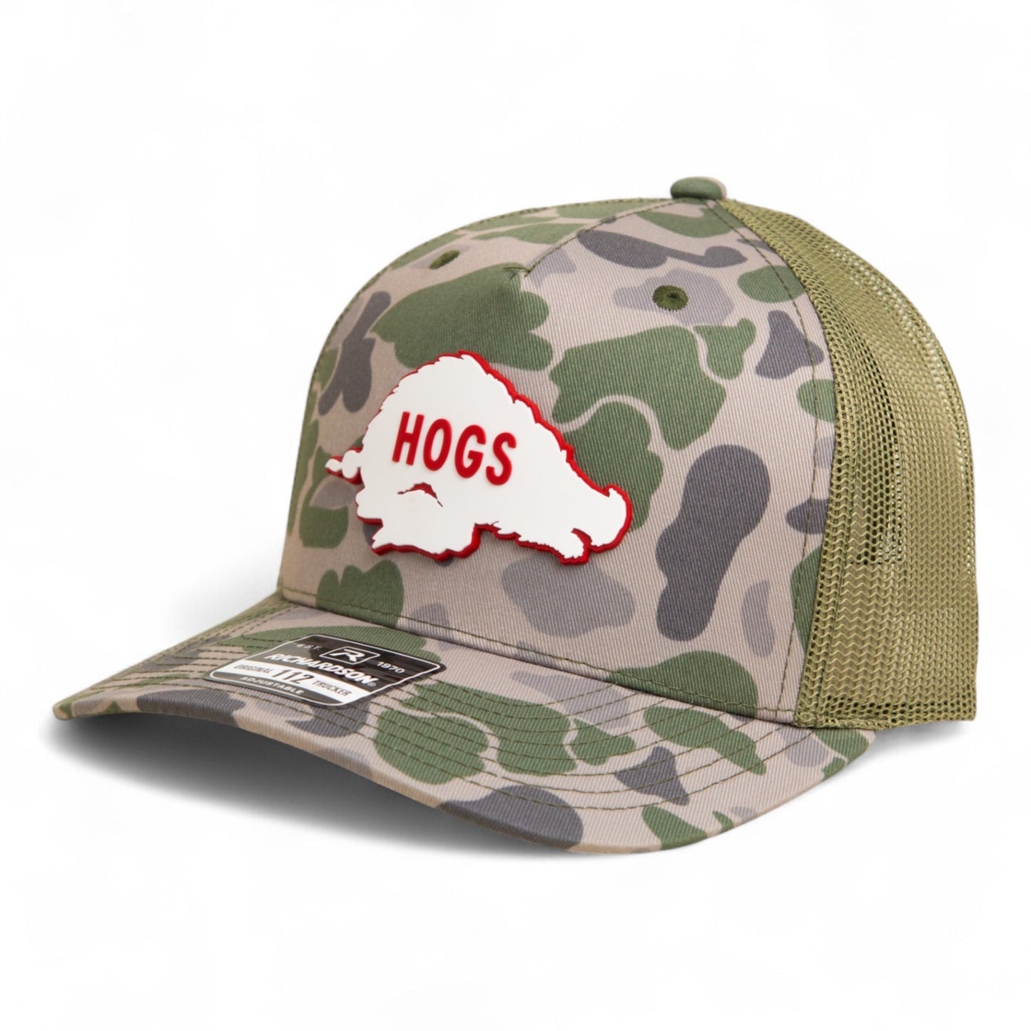 Arkansas Razorbacks Retro HOGS White 3D Snapback Trucker Hat- Marsh Duck Camo/ Loden