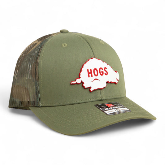 Arkansas Razorbacks Retro HOGS White 3D Snapback Trucker Hat- Loden/ Green Camo