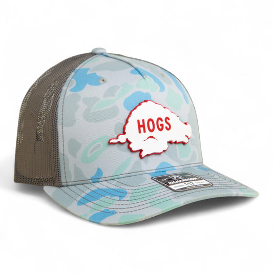 Arkansas Razorbacks Retro HOGS White 3D Snapback Trucker Hat- Saltwater Duck Camo/ Charcoal