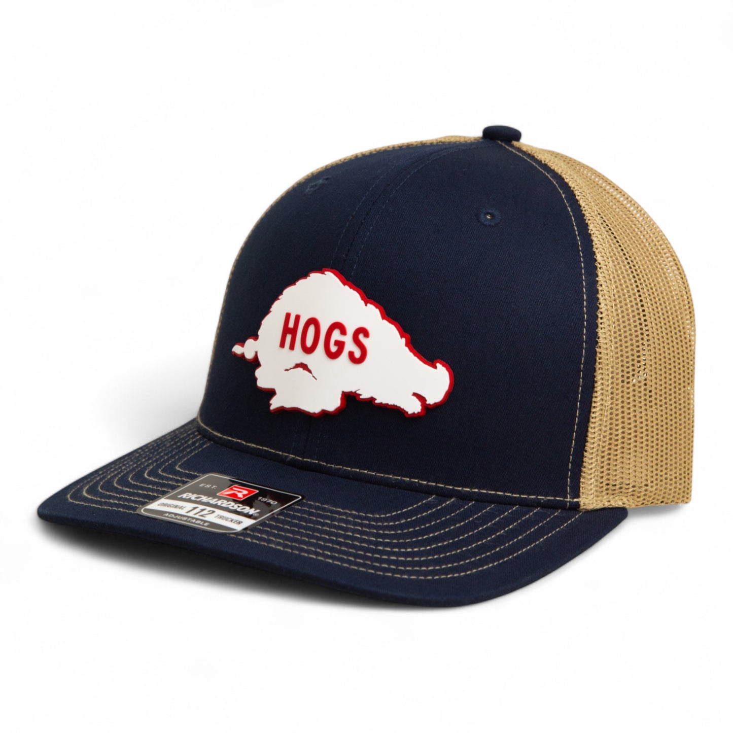 Arkansas Razorbacks Retro HOGS White 3D Snapback Trucker Hat- Navy/ Tan