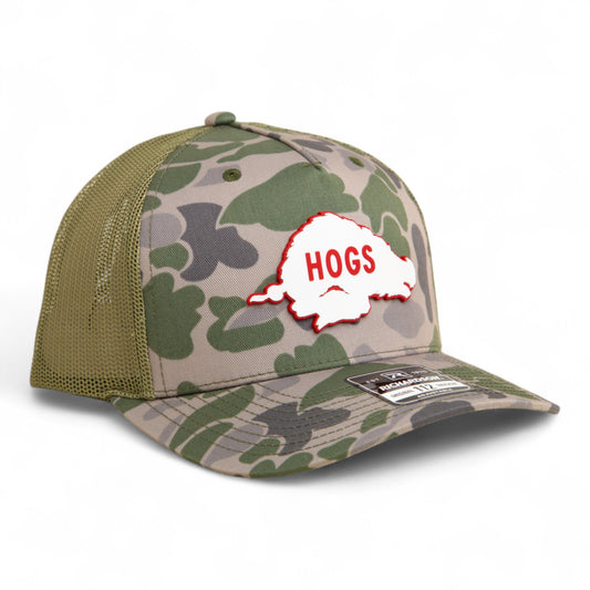 Arkansas Razorbacks Retro HOGS White 3D Snapback Trucker Hat- Marsh Duck Camo/ Loden