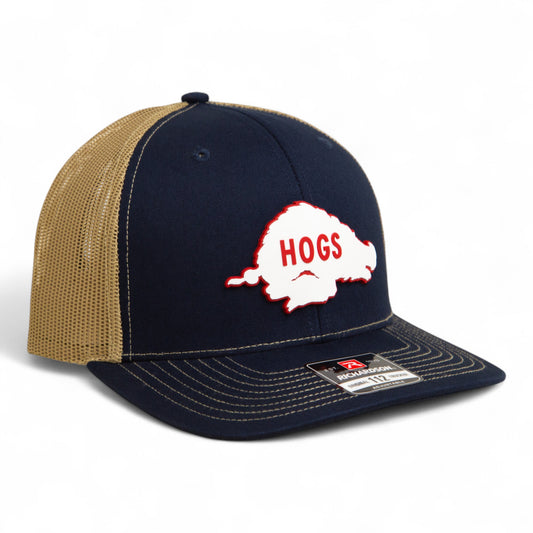 Arkansas Razorbacks Retro HOGS White 3D Snapback Trucker Hat- Navy/ Tan
