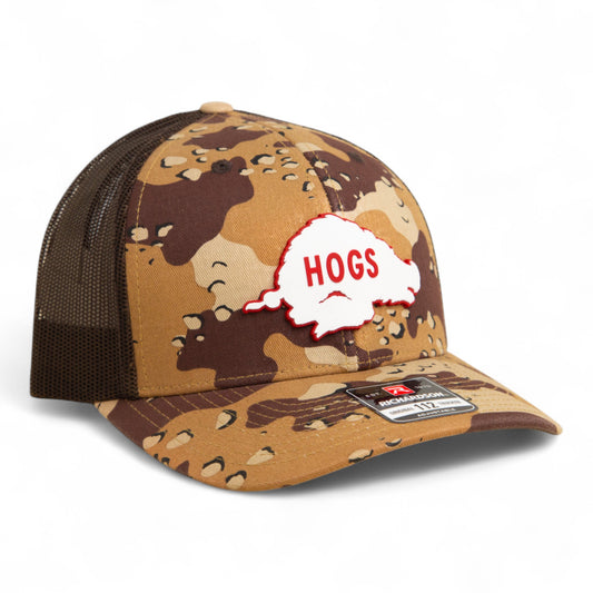 Arkansas Razorbacks Retro HOGS White 3D Snapback Trucker Hat- Desert Camo/ Brown